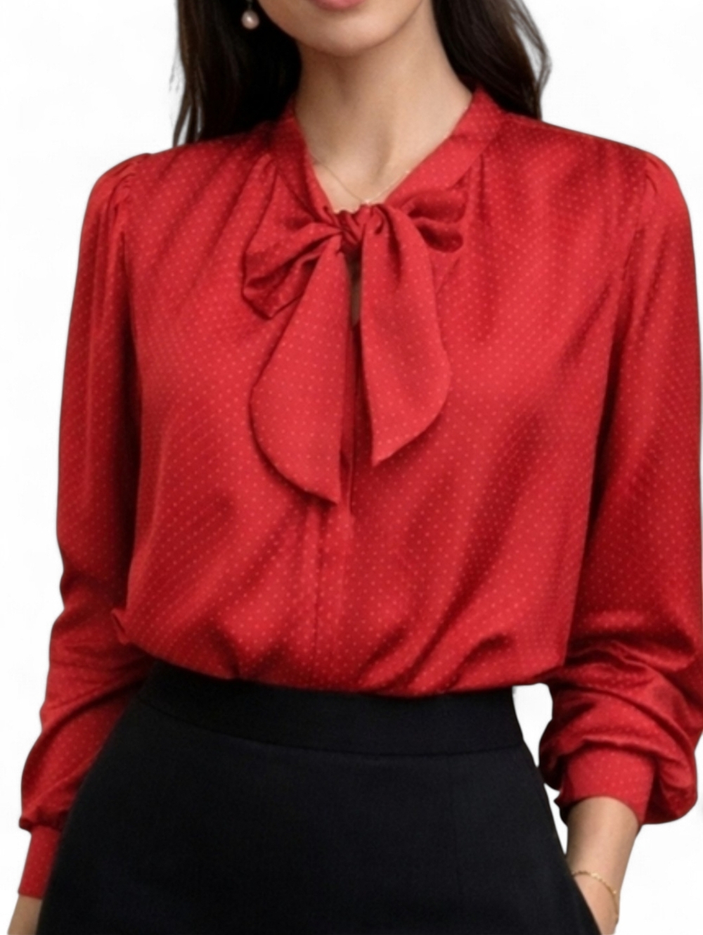 Cabi Front Knot Swiss Red Dot Print Satin V Neck Long Sleeve Blouse Sz M